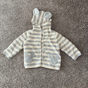 Gap Disney Striped Mickey Mouse Ears Hooded Sweater Knit Cardigan Sz 18-24 Month